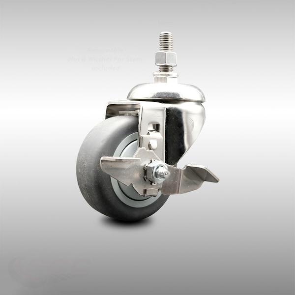 Service Caster 3.5 Inch 316SS Thermoplastic Rubber Swivel 10mm Threaded Stem Caster Brake SCC-SS316TS20S3514-TPRB-TLB-M1015 - main